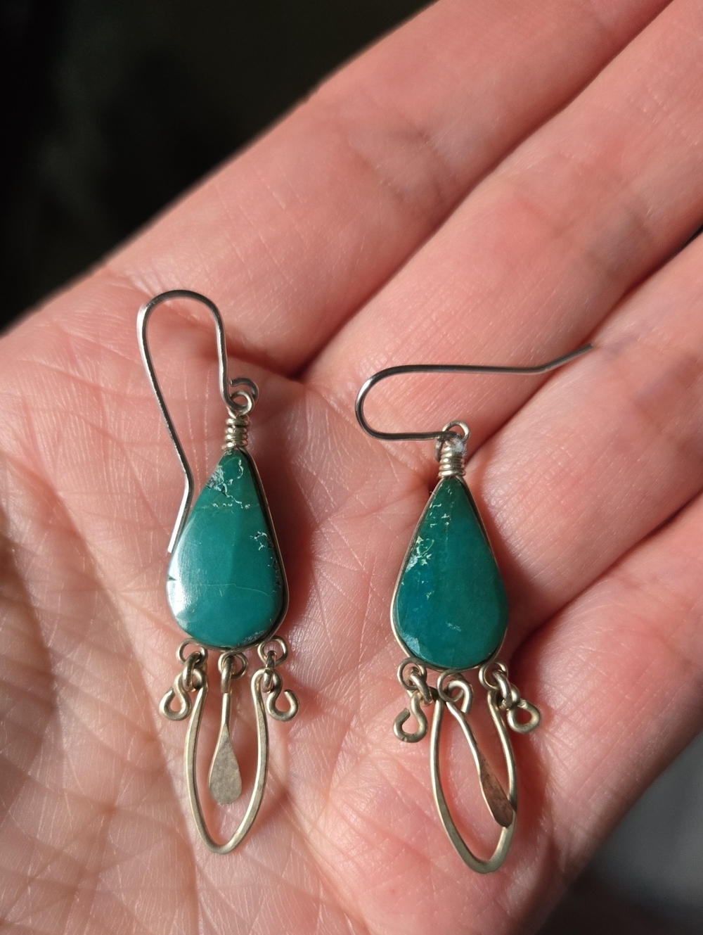 Vintage Teardrop Turquoise Silver Tone Vintage Green  Gemstone Dangle Earrings
